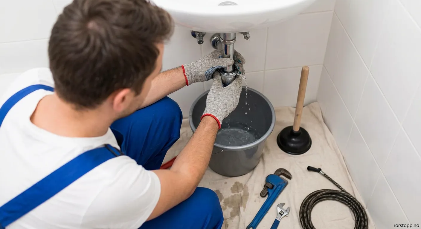 Rørlegger som arbeider med verktøy for å åpne tette rør under en vask
